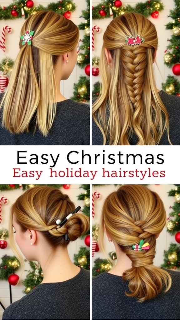 Easy Christmas Hairstyles for a Festive Look Collage of various easy Christmas hairstyles including twists, braids, and buns with festive decorations.